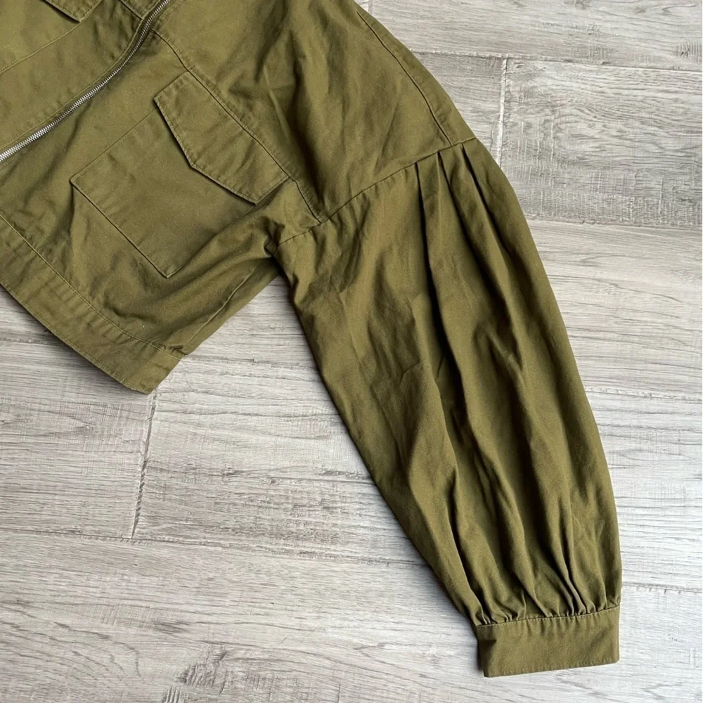 JustFab Canvas Cropped Jacket Balloon Sleeve Olive Green Boxy Cargo Like SZ XXL - Picture 4 of 16